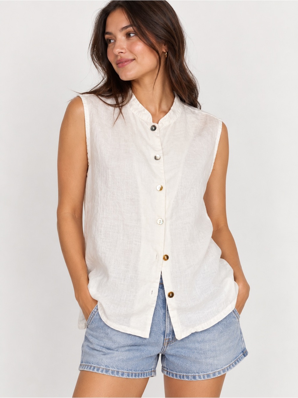 bryn walker Made in USA Cream Sleeveless Linen Button-Up Top size L